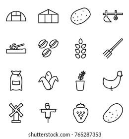 Thin line icon set : greenhouse, potato, plow, soil cutter, coffee seeds, spikelets, fork, flour, corn, seedling, chicken, windmill, scarecrow, strawberry