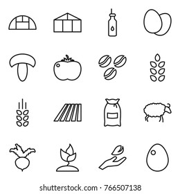 Thin line icon set : greenhouse, vegetable oil, eggs, mushroom, tomato, coffee seeds, spikelets, field, flour, sheep, beet, sprouting, hand leaf, egg