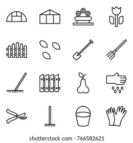 Thin line icon set : greenhouse, flower bed, perishable, fence, seeds, shovel, fork, rake, pear, sow, pruner, bucket, gloves