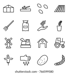 Thin line icon set : greenhouse, soil cutter, seeds, field, fork, flour, harvest, seedling, windmill, harvester, barn, tractor, scarecrow, sow, potato, peas