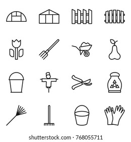 Thin line icon set : greenhouse, fence, perishable, fork, wheelbarrow, pear, bucket, scarecrow, pruner, fertilizer, rake, gloves
