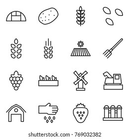Thin line icon set : greenhouse, potato, spikelets, seeds, field, fork, grape, seedling, windmill, harvester, barn, sow, strawberry, grain elevator