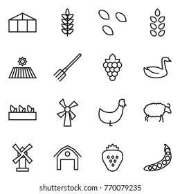 Thin line icon set : greenhouse, spikelets, seeds, field, fork, grape, goose, seedling, windmill, chicken, sheep, barn, strawberry, peas
