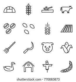 Thin line icon set : greenhouse, spikelets, soil cutter, cow, coffee seeds, field, fork, sickle, pig, corn, goose, barn, scarecrow, peas