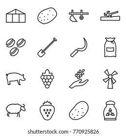 Thin line icon set : greenhouse, potato, plow, soil cutter, coffee seeds, shovel, sickle, flour, pig, grape, harvest, windmill, sheep, strawberry, fertilizer