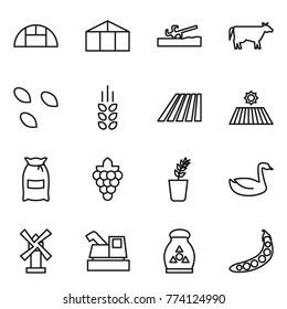 Thin line icon set : greenhouse, soil cutter, cow, seeds, spikelets, field, flour, grape, seedling, goose, windmill, harvester, fertilizer, peas