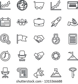 Thin Line Icon Set - group vector, palm sproute, motivation, rocket, handshake, clock, earth, growth graph, office chair, money search, calendar, cart, flask, flag, case, calculator, schedule, tie