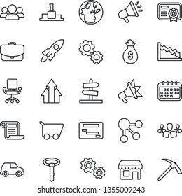 Thin Line Icon Set - group vector, arrow up graph, gear, rocket, money bag, earth, crisis, office chair, calendar, cart, case, car, schedule, social media, certificate, advertising, pedestal, tie