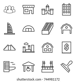thin line icon set : group, shop, castle, building, skyscraper, hangare, brick, barn, pyramid, city, house, tax, hotel, warehouse, skysrcapers cleaning, scraper
