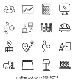 thin line icon set : group, statistics, calculator, monitor arrow, satellite, notebook connect, palace, building helmet, map, route, courier delivery, fork loader, curtain, floor lamp, spices