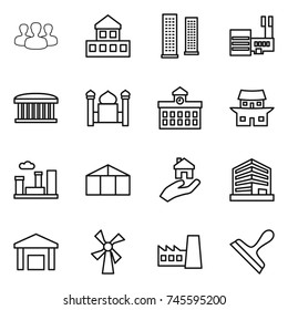 thin line icon set : group, cottage, skyscrapers, mall, airport building, minaret, university, japanese house, city, greenhouse, real estate, office, warehouse, windmill, factory, scraper