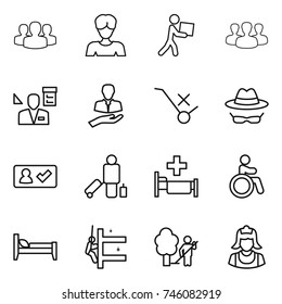thin line icon set : group, woman, courier, architector, client, do not trolley sign, confidential, check in, passenger, hospital, invalid, bed, skyscrapers cleaning, garden, cleaner