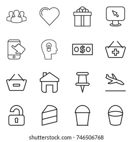 thin line icon set : group, heart, gift, monitor arrow, touch, bulb head, money, add to basket, remove from, home, pin, arrival, unlocked, cake, bucket