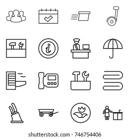 thin line icon set : group, calendar, delivery, segway, tools, info, customs control, dry cargo, hotel, intercome, repair, towel, knife holder, trailer, ecology, kitchen cleaning