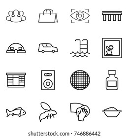 thin line icon set : group, shopping bag, eye identity, bridge, dome house, car shipping, pool, flower in window, wardrobe, speaker, sieve, pills bottle, fish, wasp, wiping, foam basin