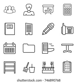 thin line icon set : group, woman, presentation, calculator, copybook, skyscraper, pencil, phone, calendar, documents, hotel, table, rack, bucket and broom, skysrcapers cleaning, clipboard list