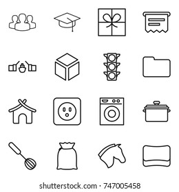 thin line icon set : group, graduate hat, gift, atm receipt, drawbridge, 3d, traffic light, documents, bungalow, power socket, washing machine, pan, whisk, flour, horse, sponge