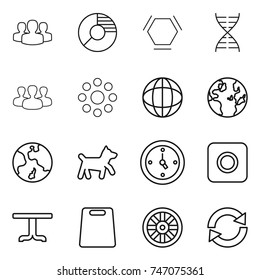 thin line icon set : group, circle diagram, hex molecule, dna, round around, globe, earth, dog, watch, ring button, table, cutting board, wheel, reload