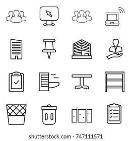 thin line icon set : group, monitor arrow, notebook wireless, skyscraper, pin, office, client, clipboard check, hotel, table, rack, trash bin, clean window, list
