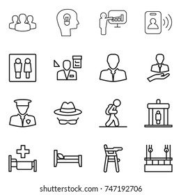 thin line icon set : group, bulb head, presentation, pass card, wc, architector, client, security man, confidential, tourist, detector, hospital, bed, Chair for babies, skysrcapers cleaning