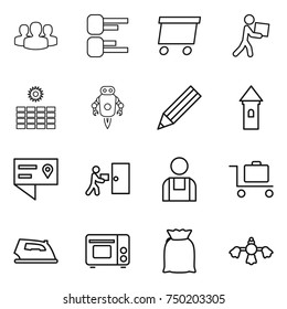 thin line icon set : group, diagram, delivery, courier, sun power, jet robot, pencil, tower, location details, workman, baggage trolley, iron, grill oven, flour, hard reach place cleaning