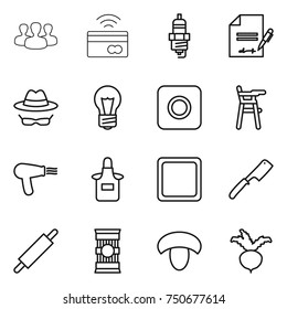 thin line icon set : group, tap to pay, spark plug, inventory, confidential, bulb, ring button, Chair for babies, hair dryer, apron, cutting board, chef knife, rolling pin, pasta, mushroom, beet