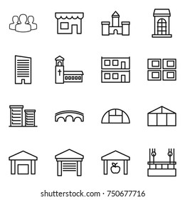 thin line icon set : group, shop, castle, building, skyscraper, church, modular house, panel, district, bridge, greenhouse, warehouse, garage, skysrcapers cleaning