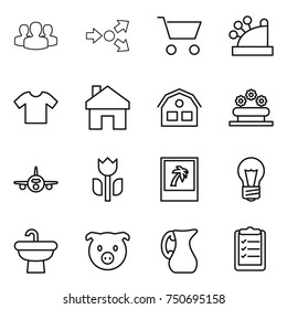 thin line icon set : group, core splitting, cart, cashbox, t shirt, home, house, flower bed, plane, perishable, photo, bulb, sink, pig, jug, clipboard list