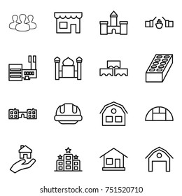 thin line icon set : group, shop, castle, drawbridge, mall, minaret, block wall, brick, school, building helmet, house, greenhouse, real estate, hotel, home, barn