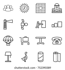 thin line icon set : group, sun power, cpu, mansion, lighthouse, satellite, courier delivery, sorting, parachute, baggage trolley, table, phone, floor lamp, goose, cleanser powder, paper towel