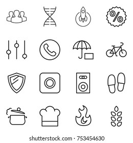 thin line icon set : group, dna, rocket, percent, equalizer, phone, insurance, bike, shield, ring button, speaker, slippers, steam pan, cook hat, fire, spikelets