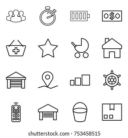 thin line icon set : group, stopwatch, battery, money, add to basket, star, baby stroller, home, garage, geo pin, sorting, handwheel, remote control, bucket, package