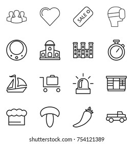 Thin Line Icon Set : Group, Heart, Sale, Virtual Mask, Necklace, Mansion, Palace, Stopwatch, Sail Boat, Baggage Trolley, Alarm, Wardrobe, Chief Hat, Mushroom, Hot Pepper, Pickup