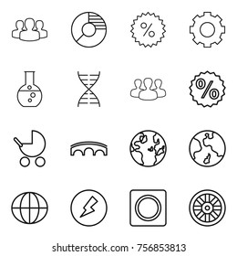 Thin line icon set : group, circle diagram, percent, gear, round flask, dna, baby stroller, bridge, globe, earth, electricity, ring button, wheel