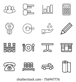 Thin line icon set : group, diagram, graph, calculator, bulb brain, cell corection, chemical industry, pencil, palace, cafe, table, wardrobe, phone, spices, pickup, paper towel