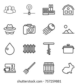 Thin line icon set : group, laser, store, house, confidential, camera, jellyfish, landscape, drop, radiator, corkscrew, pan, coffee maker, fork, barrel, rabbit