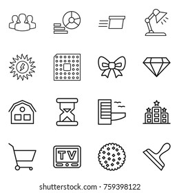 Thin line icon set : group, diagram, delivery, table lamp, sun power, cpu, bow, diamond, house, sand clock, hotel, cart, tv, cookies, scraper