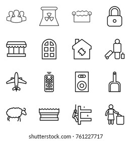 Thin line icon set : group, nuclear power, electrostatic, lock, market, arch window, smart house, passenger, airplane, remote control, speaker, scoop, sheep, sponge, skyscrapers cleaning