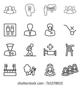 Thin line icon set : group, bulb head, presentation, wc, client, support manager, do not trolley sign, security man, tourist, hospital, Chair for babies, skysrcapers cleaning, garden, cleaner