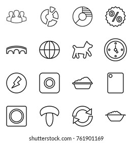 Thin line icon set : group, circle diagram, percent, bridge, globe, dog, watch, electricity, ring button, washing, cutting board, mushroom, reload, foam basin