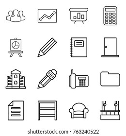 Thin line icon set : group, statistics, presentation, calculator, pencil, copybook, door, building, phone, documents, document, rack, armchair, skysrcapers cleaning