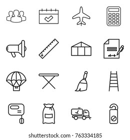 Thin line icon set : group, calendar, plane, calculator, megafon, ruler, greenhouse, inventory, parachute delivery, iron board, broom, stairs, mixer, flour, home call cleaning, do not distrub