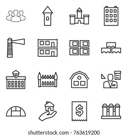 Thin line icon set : group, tower, castle, building, lighthouse, modular house, panel, block wall, university, gothic architecture, architector, greenhouse, real estate, tax, grain elevator