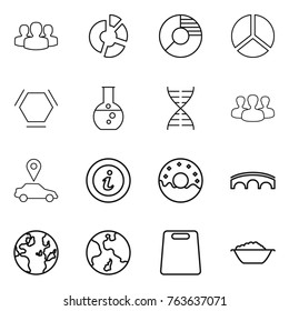 Thin line icon set : group, circle diagram, hex molecule, round flask, dna, car pointer, info, donut, bridge, globe, earth, cutting board, foam basin