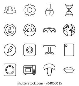 Thin line icon set : group, gear, round flask, dna, info, donut, bridge, globe, electricity, ring button, table, cutting board, grill oven, mushroom, foam basin