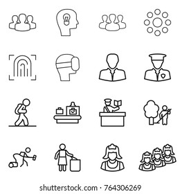 Thin line icon set : group, bulb head, round around, fingerprint, virtual mask, client, security man, tourist, baggage checking, inspector, garden cleaning, vacuum cleaner, garbage bin, outsource