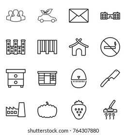 Thin line icon set : group, eco car, mail, school, palace, bar code, bungalow, no smoking, nightstand, wardrobe, egg timer, chef knife, factory, pumpkin, strawberry, vacuum cleaner