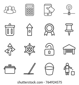 Thin line icon set : group, calculator, touch, laser, bin, tower, medal, pin, route, handwheel, unlocked, garage, pan, rake, bucket, garbage