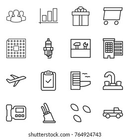 Thin line icon set : group, graph, gift, delivery, cpu, spark plug, tools, houses, plane, clipboard check, hotel, water tap, intercome, knife holder, seeds, pickup