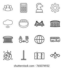Thin line icon set : group, calculator, chess horse, round around, cloud wireless, smart bracelet, bridge, airport building, route a to b, globe, bus, disco ball, rake, clean window